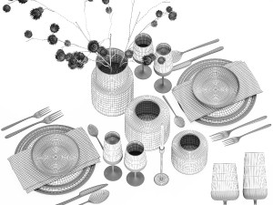 Table setting for 2 persons with a bouquet of dried flowers 3D Model
