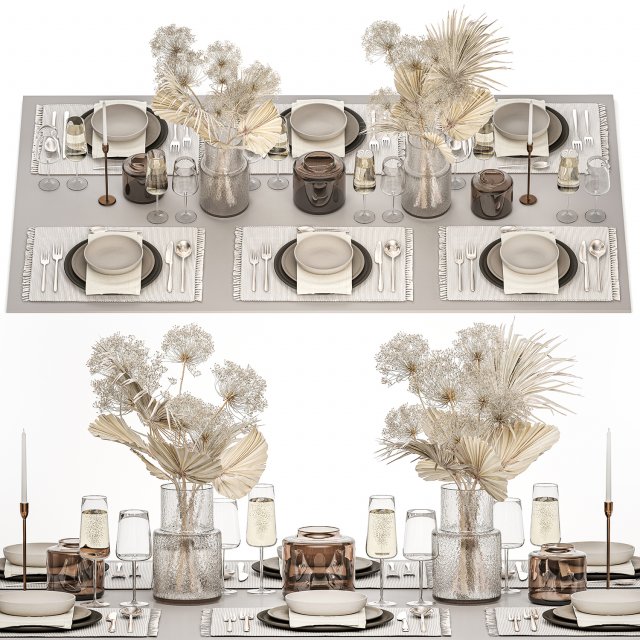 Table setting for 6 persons with a bouquet of dried flowers 3D 모델 .c4d .max .obj .3ds .fbx .stl .blend 