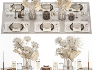 Table setting for 6 persons with a bouquet of dried flowers 3D Models
