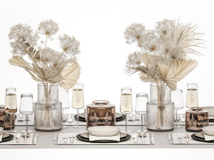 Table setting for 6 persons with a bouquet of dried flowers 3D 모델