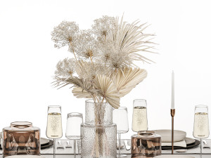 Table setting for 6 persons with a bouquet of dried flowers 3D 모델
