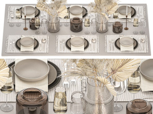 Table setting for 6 persons with a bouquet of dried flowers 3D 모델