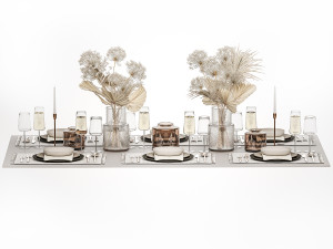 Table setting for 6 persons with a bouquet of dried flowers 3D 모델