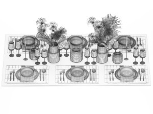 Table setting for 6 persons with a bouquet of dried flowers 3D 모델