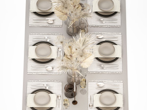 Table setting for 6 persons with a bouquet of dried flowers 3D Model