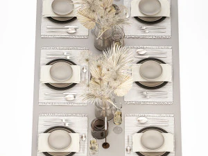 Table setting for 6 persons with a bouquet of dried flowers 3D Model