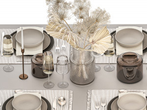 Table setting for 6 persons with a bouquet of dried flowers 3D Model