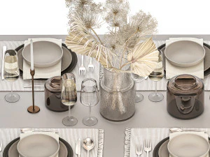 Table setting for 6 persons with a bouquet of dried flowers 3D Model