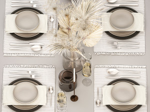 Table setting for 6 persons with a bouquet of dried flowers 3D Model