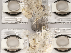 Table setting for 6 persons with a bouquet of dried flowers 3D Model