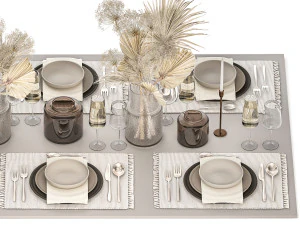 Table setting for 6 persons with a bouquet of dried flowers 3D Model