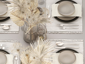 Table setting for 6 persons with a bouquet of dried flowers 3D Model