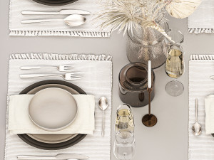 Table setting for 6 persons with a bouquet of dried flowers 3D Model