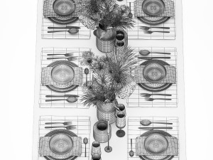 Table setting for 6 persons with a bouquet of dried flowers 3D Model