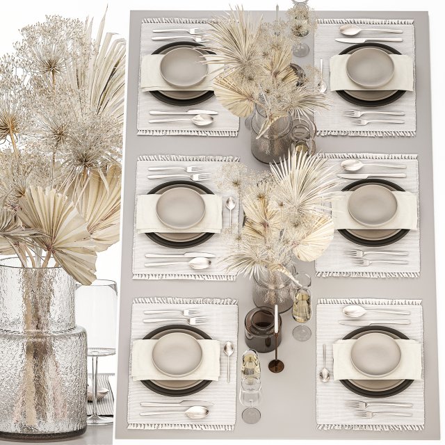 Table setting for 6 persons with a bouquet of dried flowers 3D Model .c4d .max .obj .3ds .fbx .stl .blend 