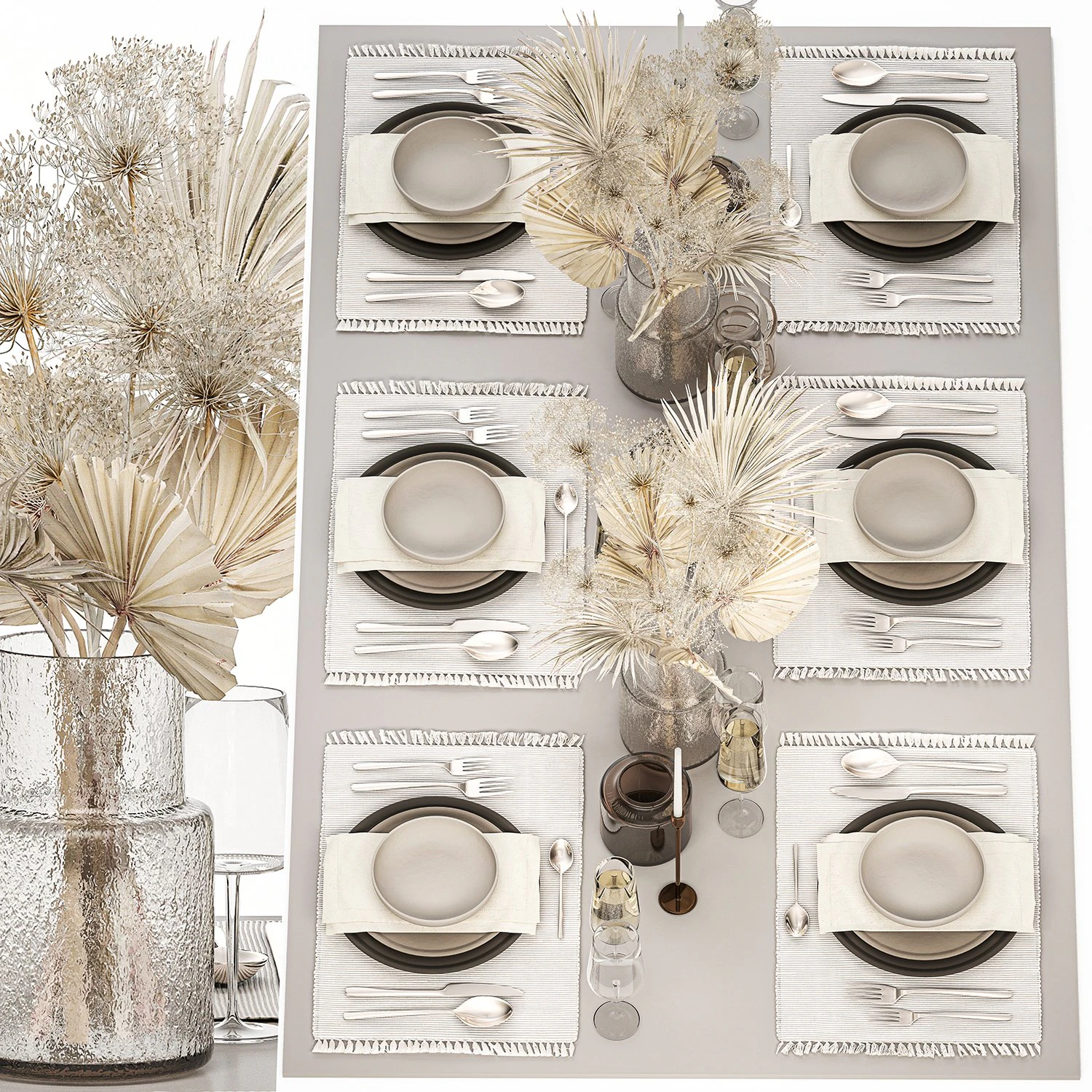 Table setting for 6 persons with a bouquet of dried flowers 3D Model .c4d .max .obj .3ds .fbx .stl .blend 