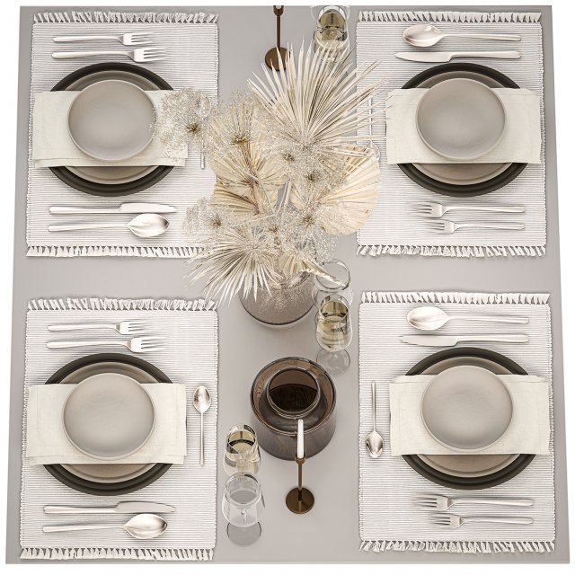 Table setting for 4 persons with a bouquet of dried flowers 31 3Dモデル .c4d .max .obj .3ds .fbx .stl .blend 