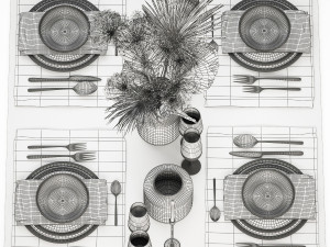 Table setting for 4 persons with a bouquet of dried flowers 31 3Dモデル