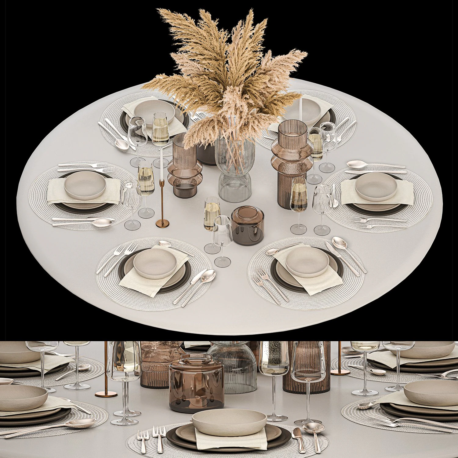 Stylish Table Setting For 6 Persons With A Bouquet 3D Model .c4d .max .obj .3ds .fbx .stl .blend 