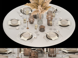 Stylish Table Setting For 6 Persons With A Bouquet 3D Model