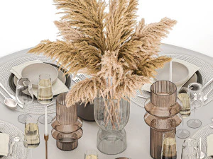 Stylish Table Setting For 6 Persons With A Bouquet 3D Model
