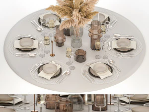 Stylish Table Setting For 6 Persons With A Bouquet 3D Model