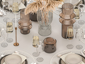 Stylish Table Setting For 6 Persons With A Bouquet Modelo 3D