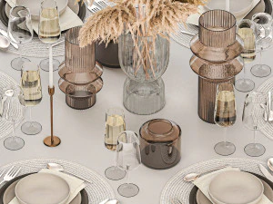Stylish Table Setting For 6 Persons With A Bouquet 3D Model
