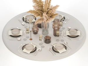 Stylish Table Setting For 6 Persons With A Bouquet 3D Model