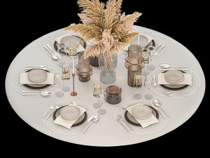 Stylish Table Setting For 6 Persons With A Bouquet 3D Model