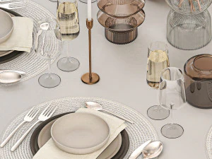 Stylish Table Setting For 6 Persons With A Bouquet 3D Model