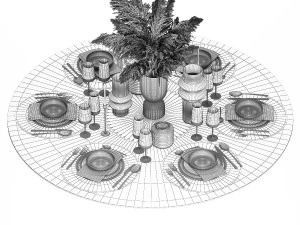 Stylish Table Setting For 6 Persons With A Bouquet 3D Model