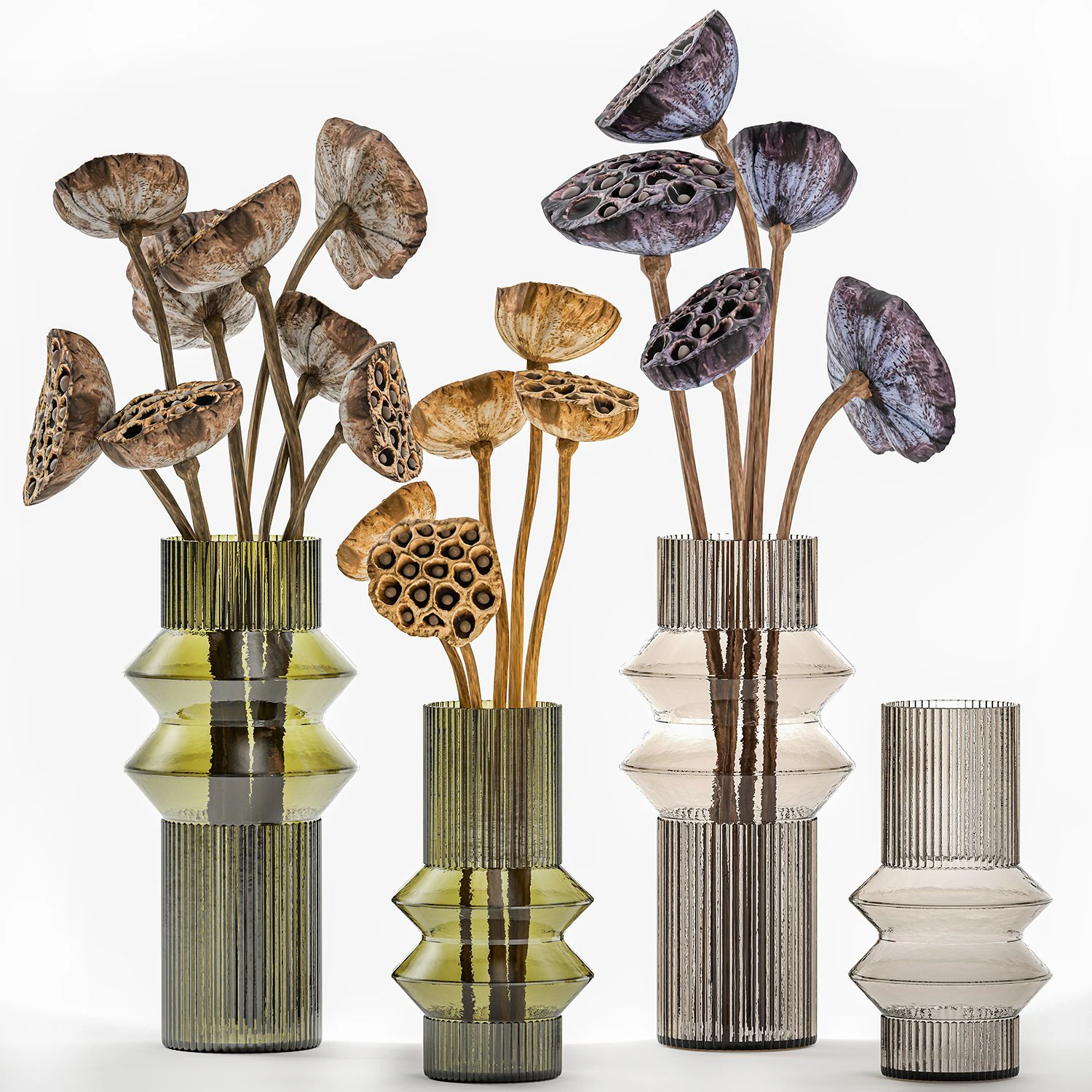 Bouquets of dried flowers from lotus stems in a glass vase 3D Model .c4d .max .obj .3ds .fbx .stl .blend 