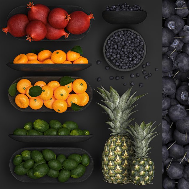 Fruit Set Pomegranate Lemon Pineapple Blueberry Model 3D .c4d .max .obj .3ds .fbx .stl .blend 