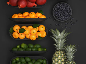 Fruit Set Pomegranate Lemon Pineapple Blueberry 3D Model
