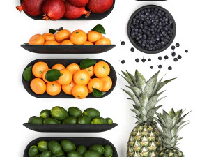 Fruit Set Pomegranate Lemon Pineapple Blueberry 3D Model