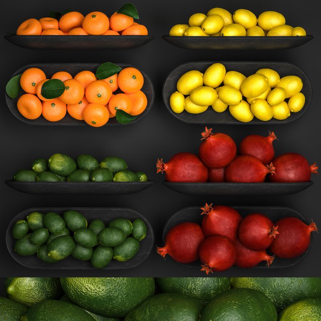 Set Of Fruits Lime Lemon Citrus Pomegranate 3D 모델 .c4d .max .obj .3ds .fbx .stl .blend 