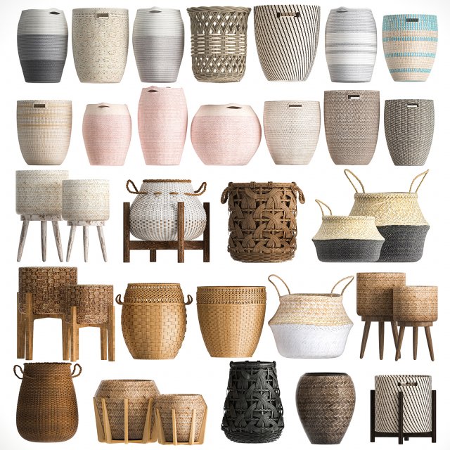 Basket Collection Wicker Rattan White Baskets Model 3D .c4d .max .obj .3ds .fbx .stl .blend 