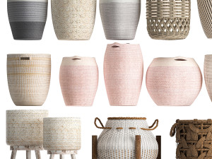 Basket Collection Wicker Rattan White Baskets Model 3D
