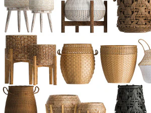 Cole&ccedil;&atilde;o de cestas cestas brancas de vime rattan Modelo 3D