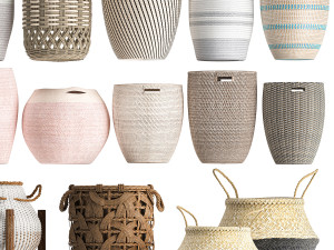 Basket Collection Wicker Rattan White Baskets Model 3D