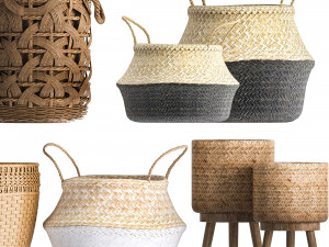 Basket Collection Wicker Rattan White Baskets Model 3D