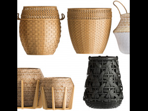 Basket Collection Wicker Rattan White Baskets Model 3D
