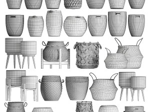 Basket Collection Wicker Rattan White Baskets Model 3D