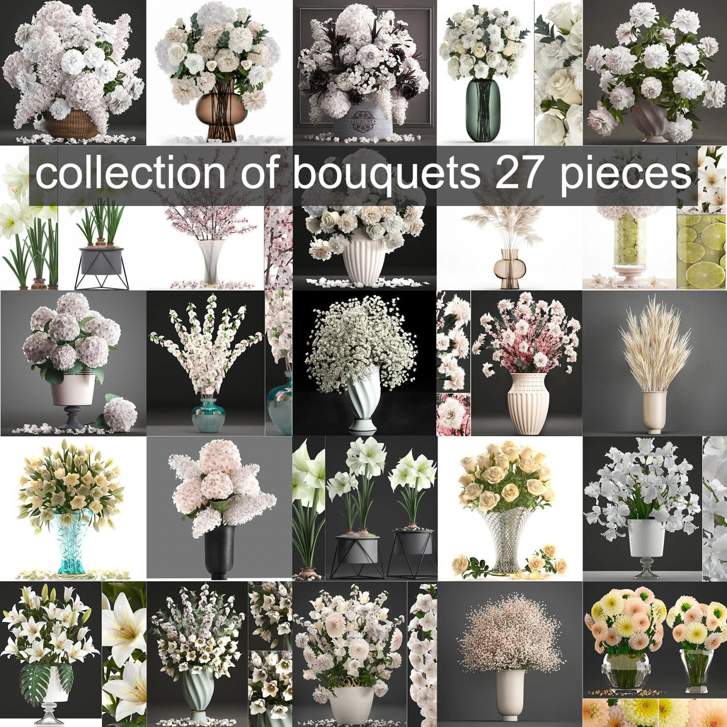 Collection of white flower bouquets in vases 27 pieces 3D Model .c4d .max .obj .3ds .fbx .stl .blend 