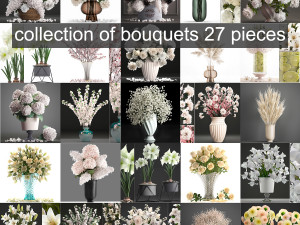 Collection of white flower bouquets in vases 27 pieces 3D Model