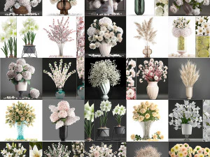 Collection of white flower bouquets in vases 27 pieces 3D Model