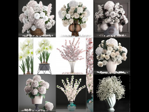 Collection of white flower bouquets in vases 27 pieces 3D 모델