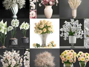 Collection of white flower bouquets in vases 27 pieces 3D Model