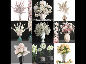 Collection of white flower bouquets in vases 27 pieces 3D 모델